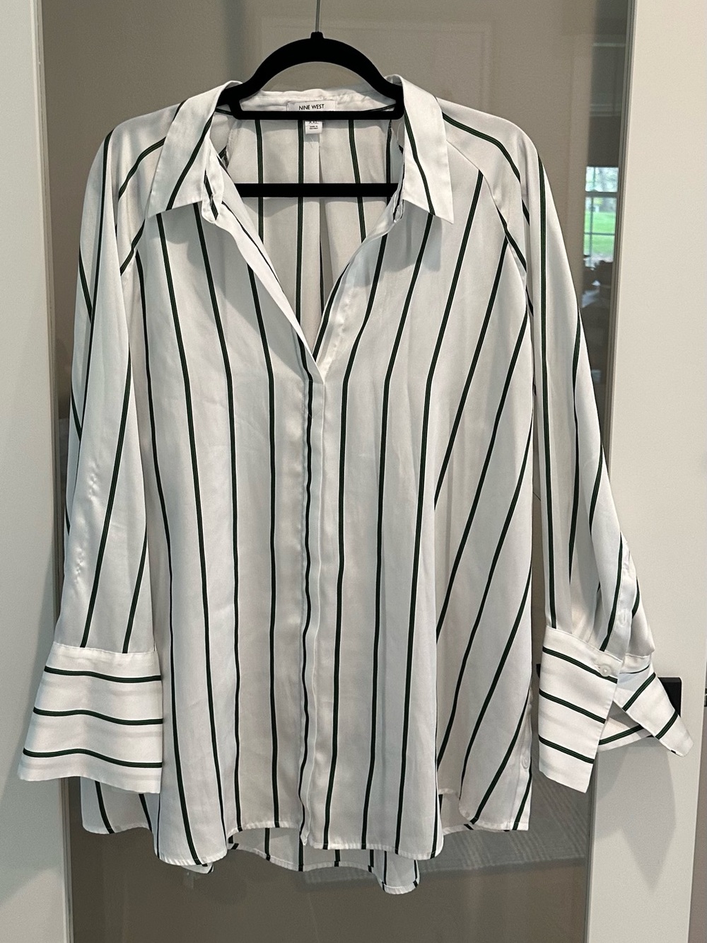 Nine West White Blouse with Dark Green Vertical Stripes